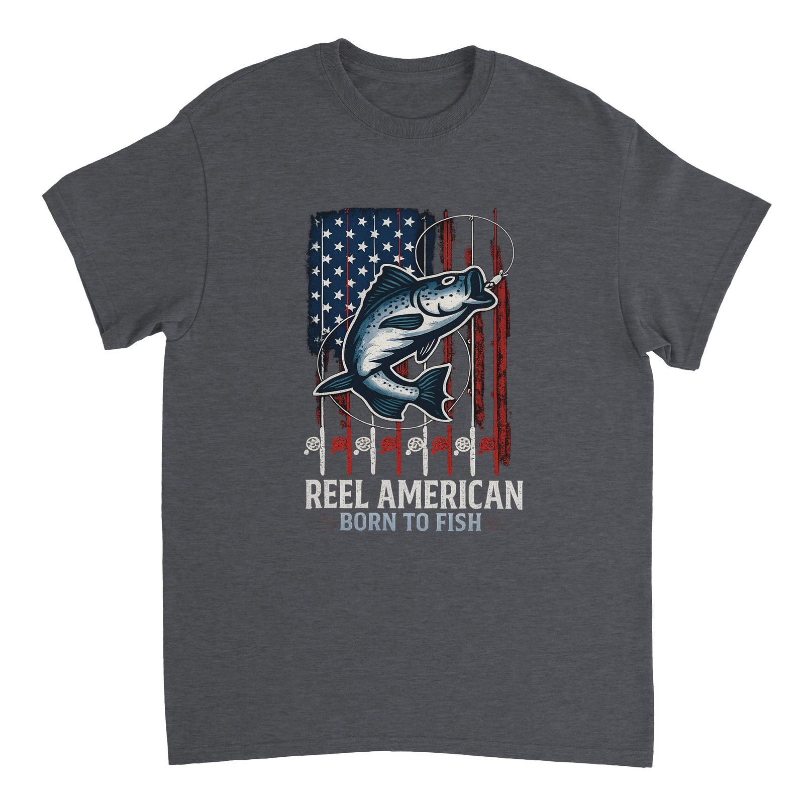 Reel American – Born to Fish T-Shirt dark heather, fishing tshirt, merch dungeon