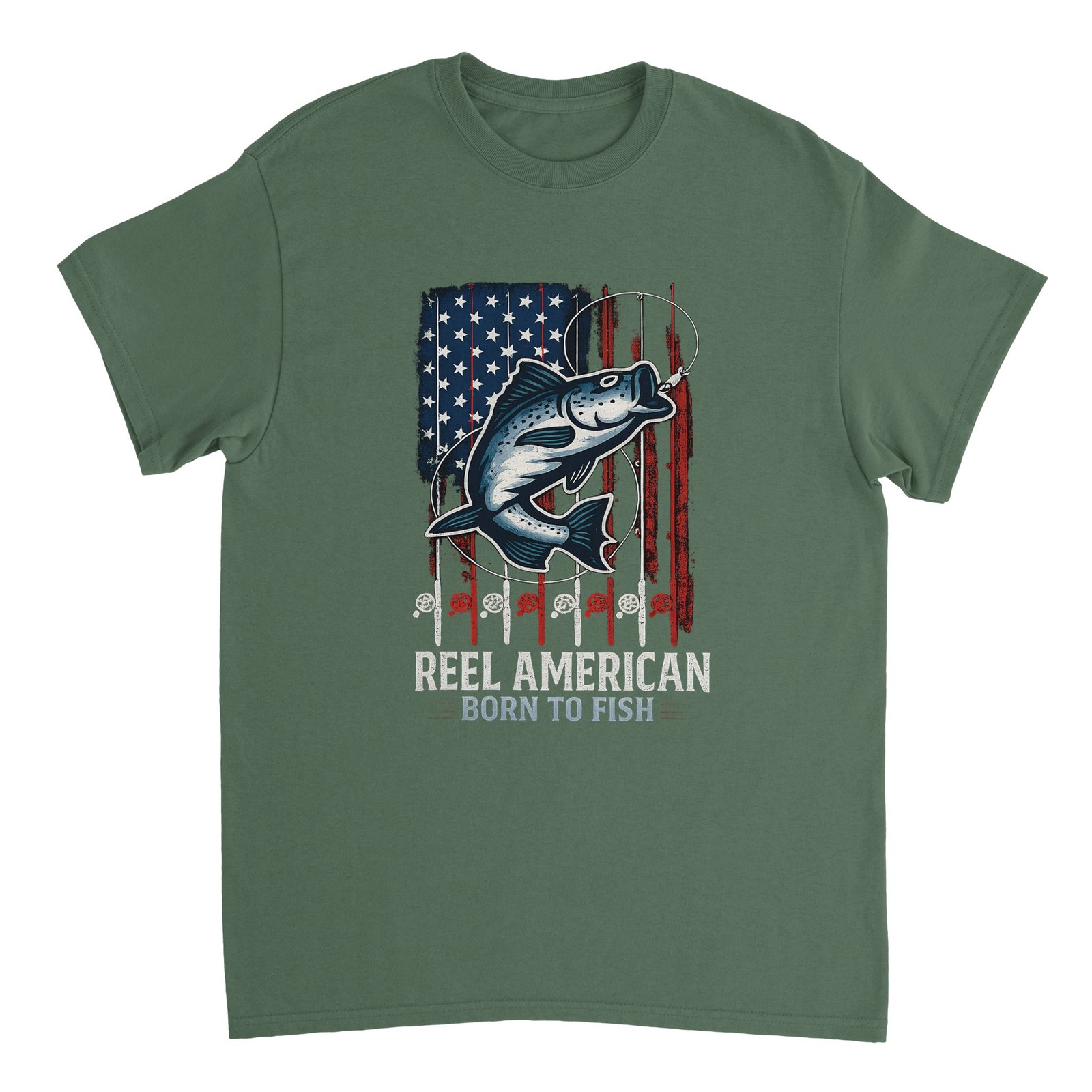 Reel American – Born to Fish T-Shirt military green, fishing tshirt, merch dungeon