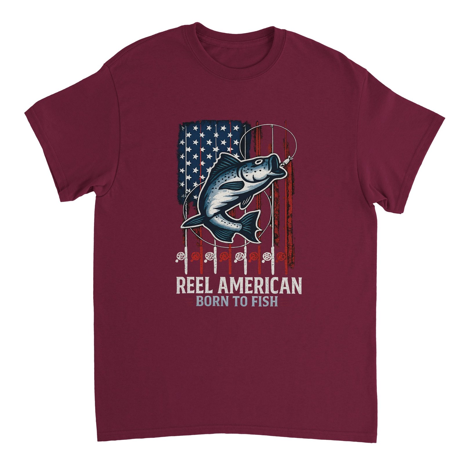 Reel American – Born to Fish T-Shirt maroon, fishing tshirt, merch dungeon