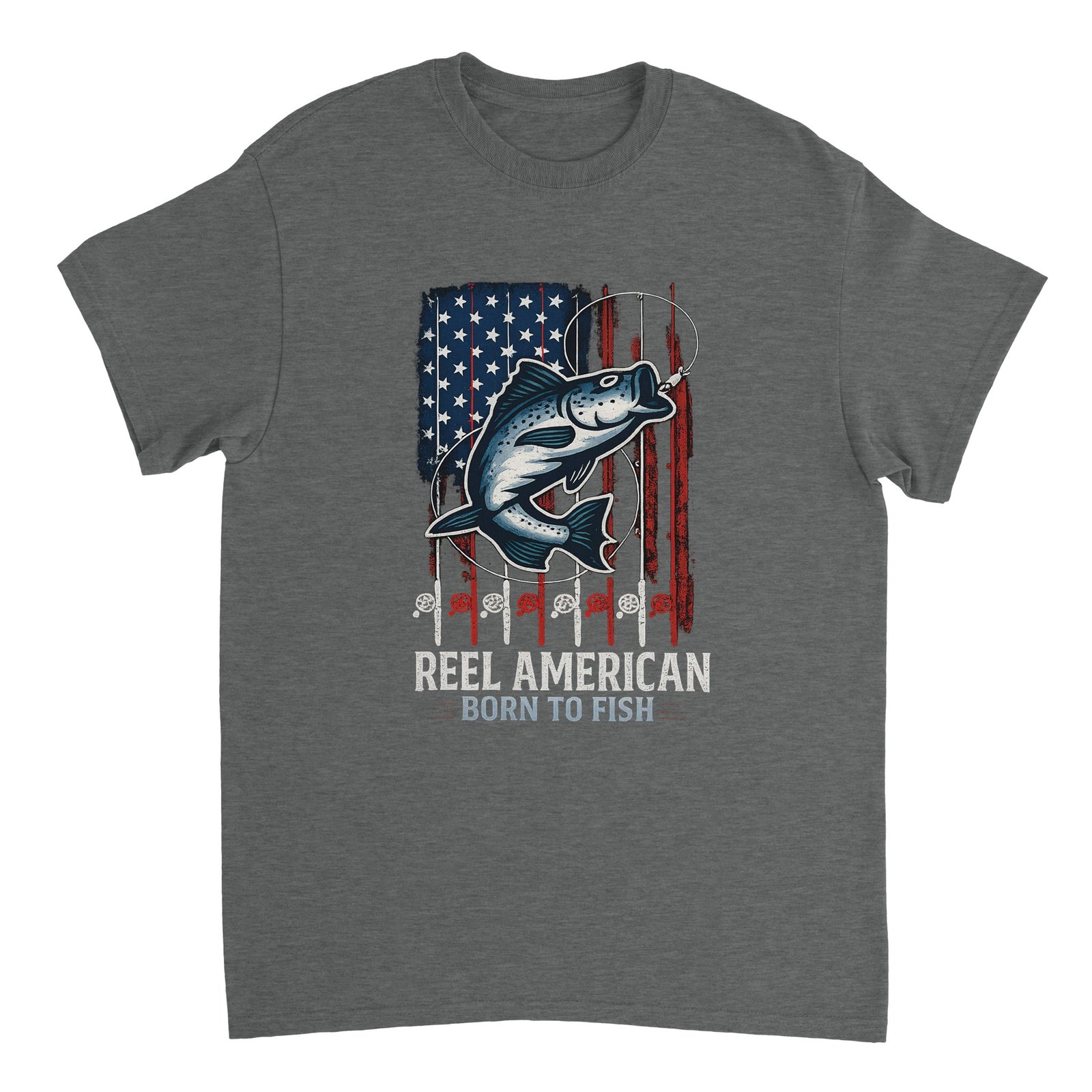 Reel American – Born to Fish T-Shirt graphite heather, fishing tshirt, merch dungeon
