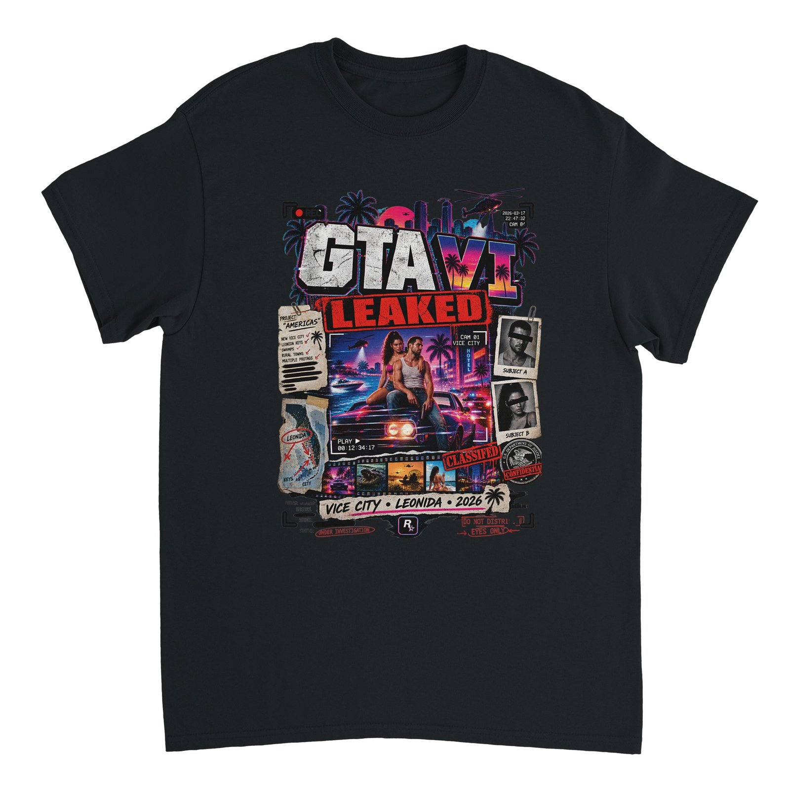 GTA VI Leaked T-Shirt – Vice City Classified Fan Tee 1 gta 6 leaked t-shirt vice city classified design Black