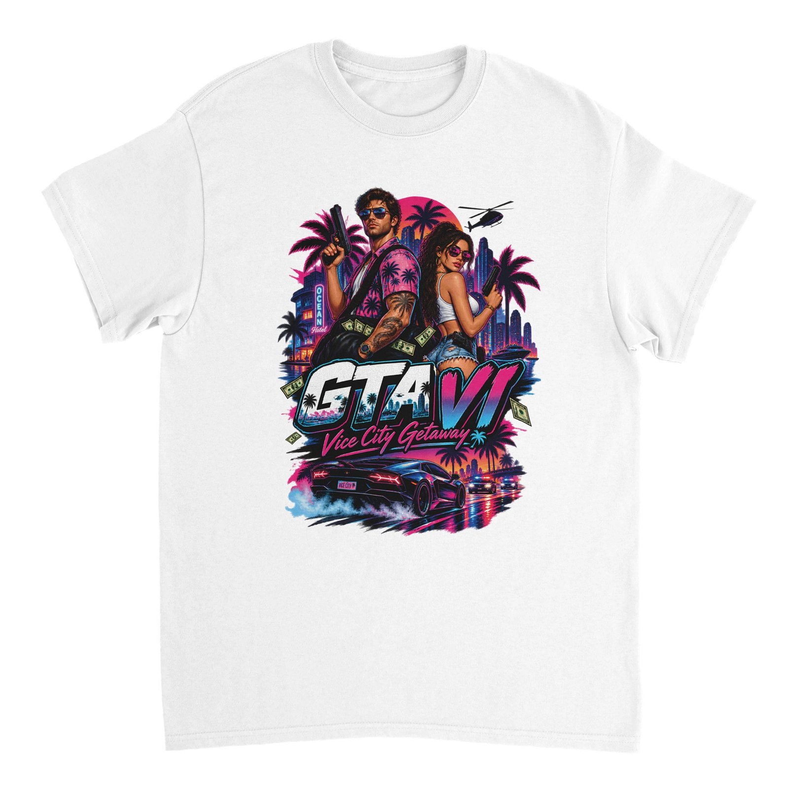 GTA VI T-Shirt – Vice City Getaway Fan Tee 5 gta 6 t-shirt vice city getaway design White