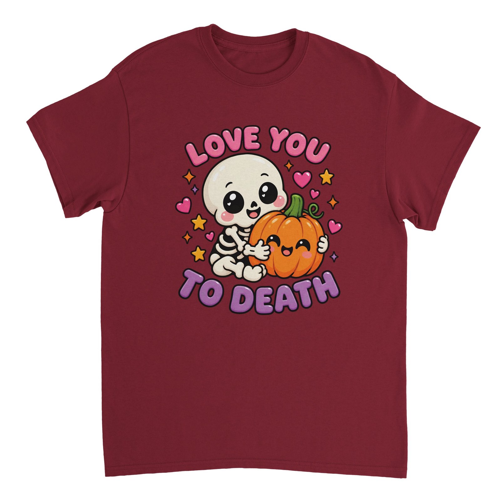 Love You to Death Halloween T-Shirt – Cute Skeleton Pumpkin Spooky Graphic Tee 1 halloween skeleton t-shirt with cute skeleton and pumpkin design