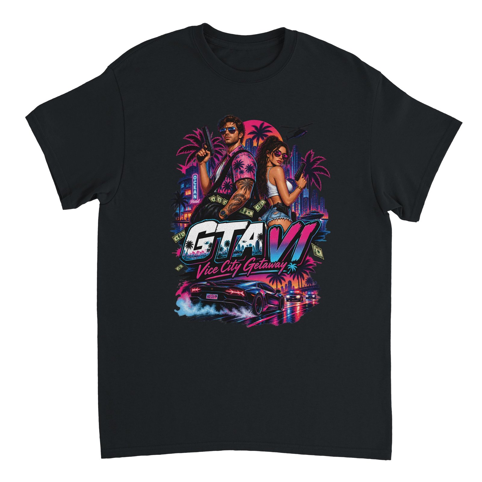 GTA VI T-Shirt – Vice City Getaway Fan Tee 1 gta 6 t-shirt vice city getaway design black