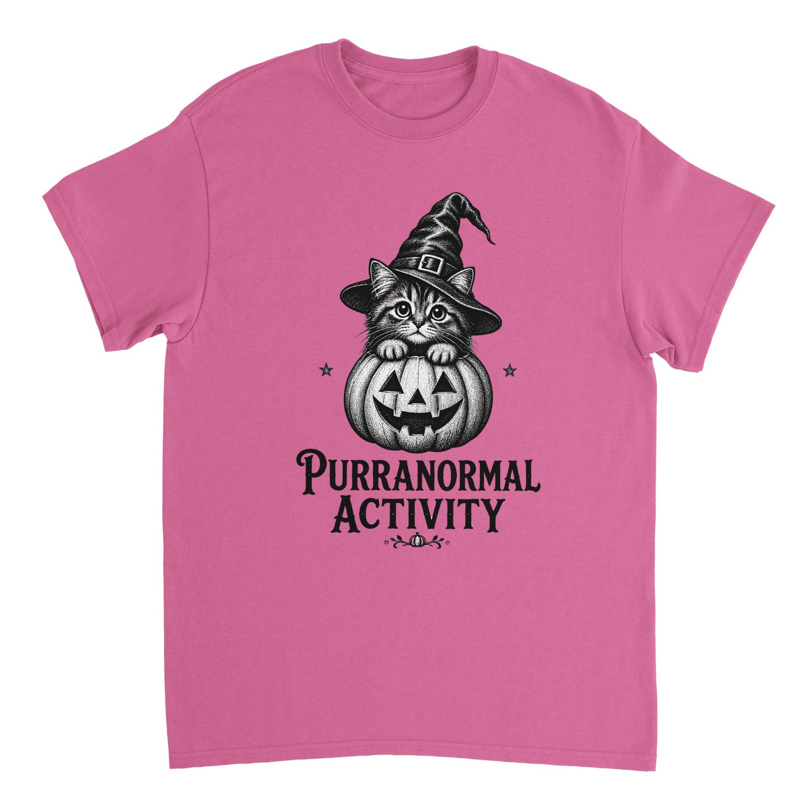 Purranormal Activity T-Shirt – Witch Cat Halloween Graphic Tee 1 witch cat t-shirt purranormal activity design light pink