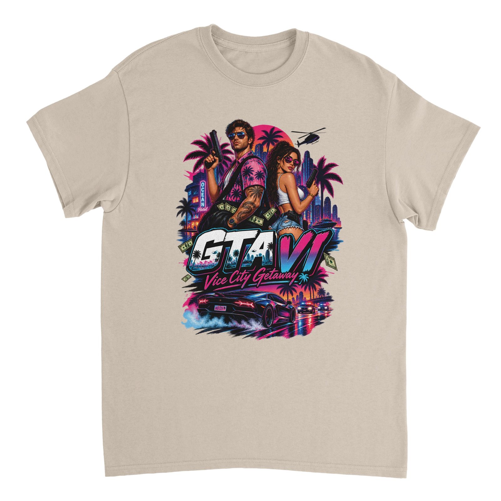 GTA VI T-Shirt – Vice City Getaway Fan Tee 2 gta 6 t-shirt vice city getaway design Sand