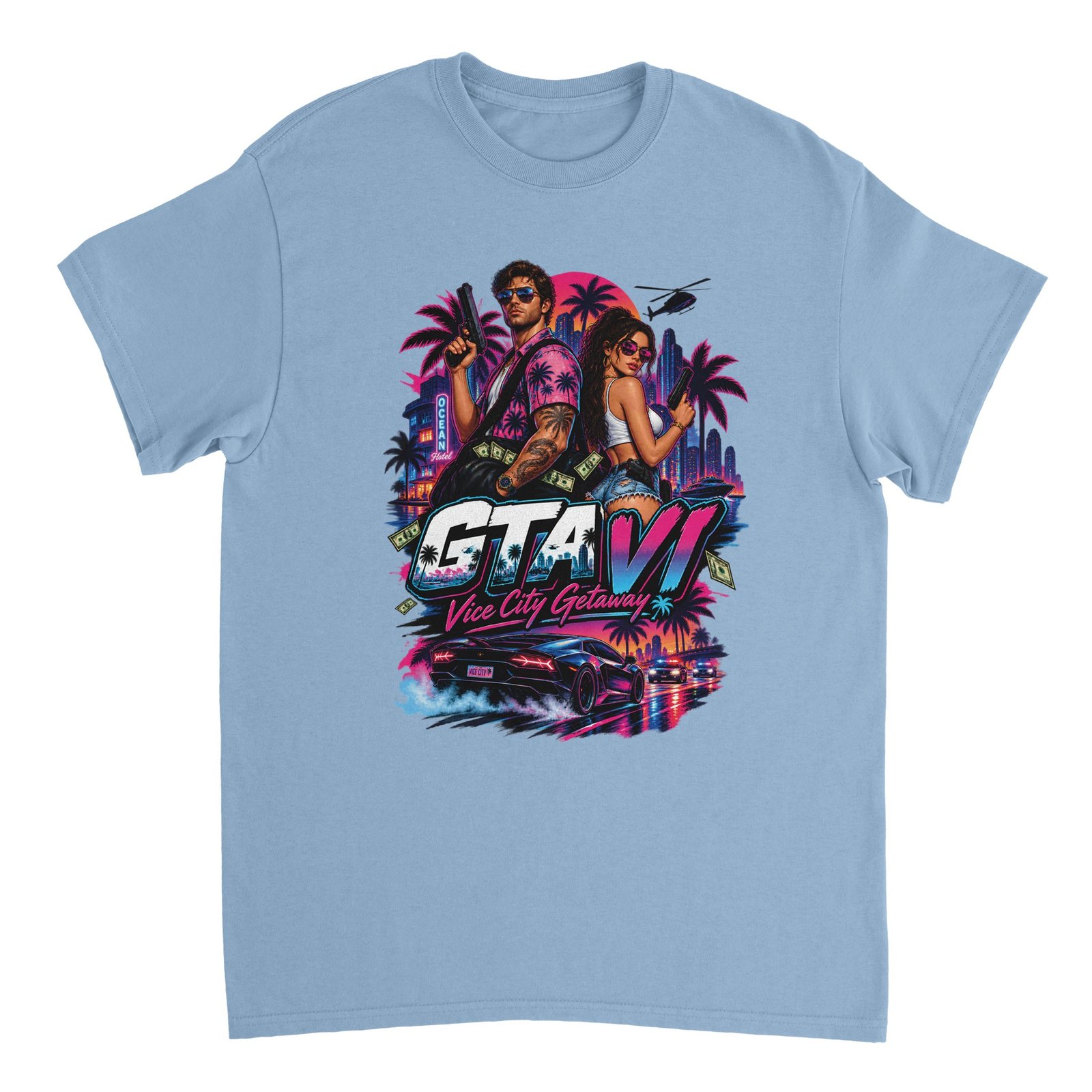 GTA VI T-Shirt – Vice City Getaway Fan Tee 10 gta 6 t-shirt vice city getaway design Light Blue