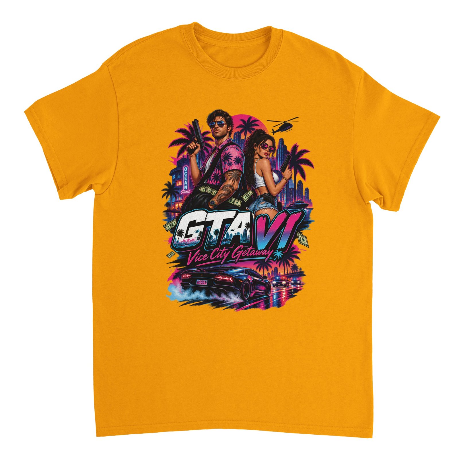 GTA VI T-Shirt – Vice City Getaway Fan Tee 4 gta 6 t-shirt vice city getaway design Gold