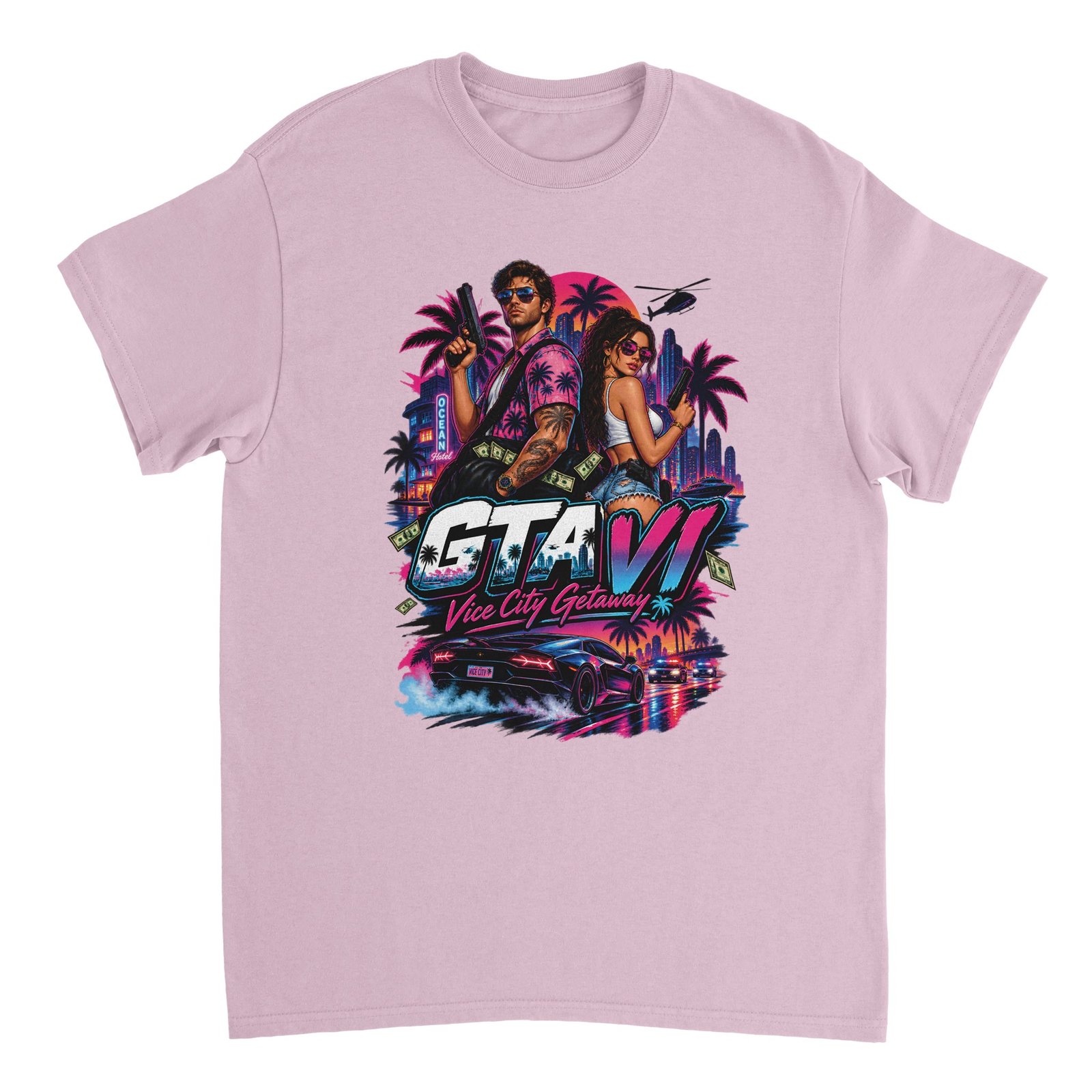 GTA VI T-Shirt – Vice City Getaway Fan Tee 7 gta 6 t-shirt vice city getaway design Light Pink