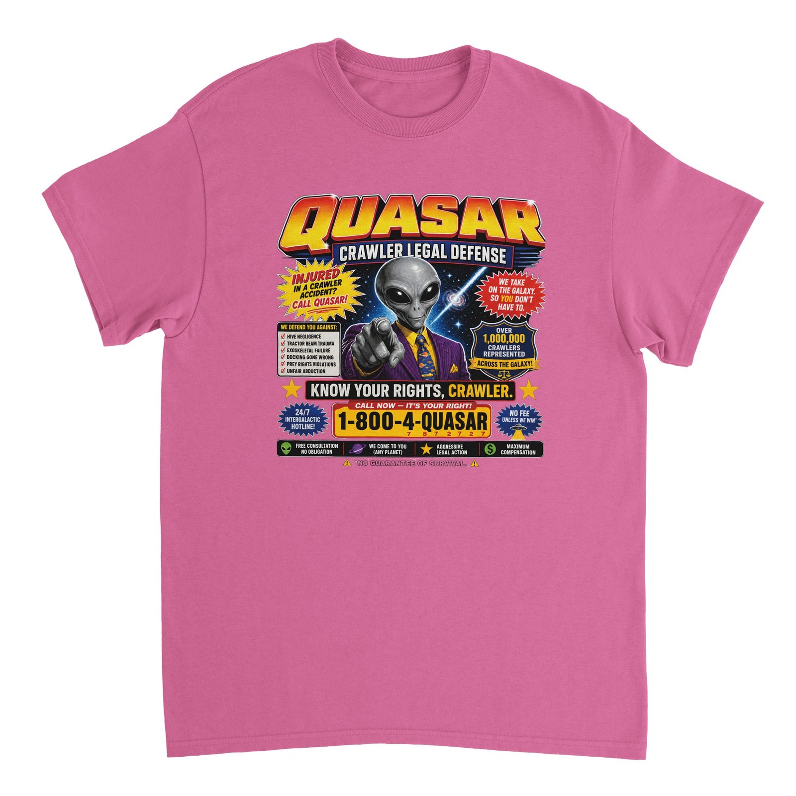 Quasar Crawler Legal Defense T-Shirt – Funny Alien Lawyer DCC Tee 1 funny alien lawyer t-shirt parody legal ad design light pink