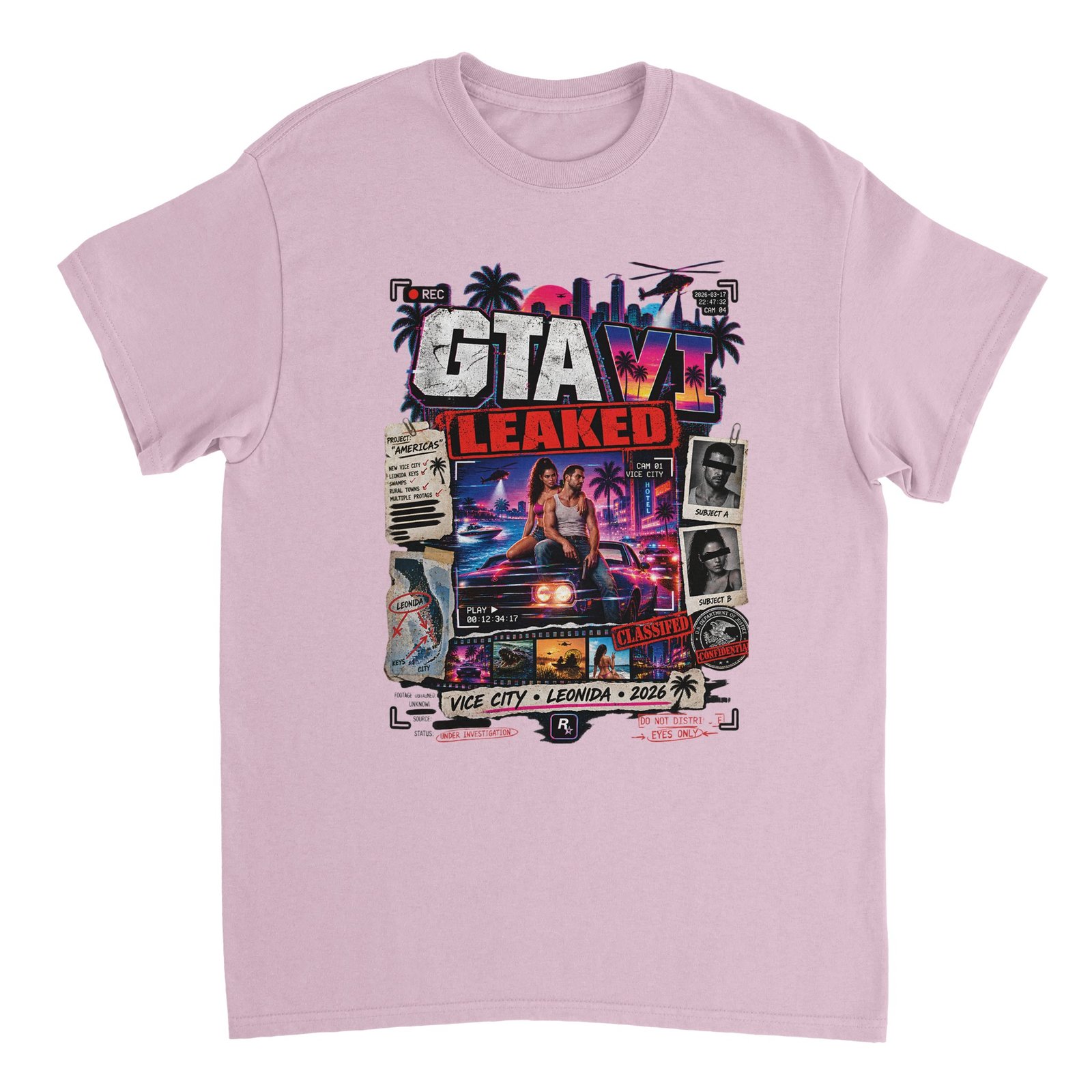 GTA VI Leaked T-Shirt – Vice City Classified Fan Tee 5 gta 6 leaked t-shirt vice city classified design Light Pink