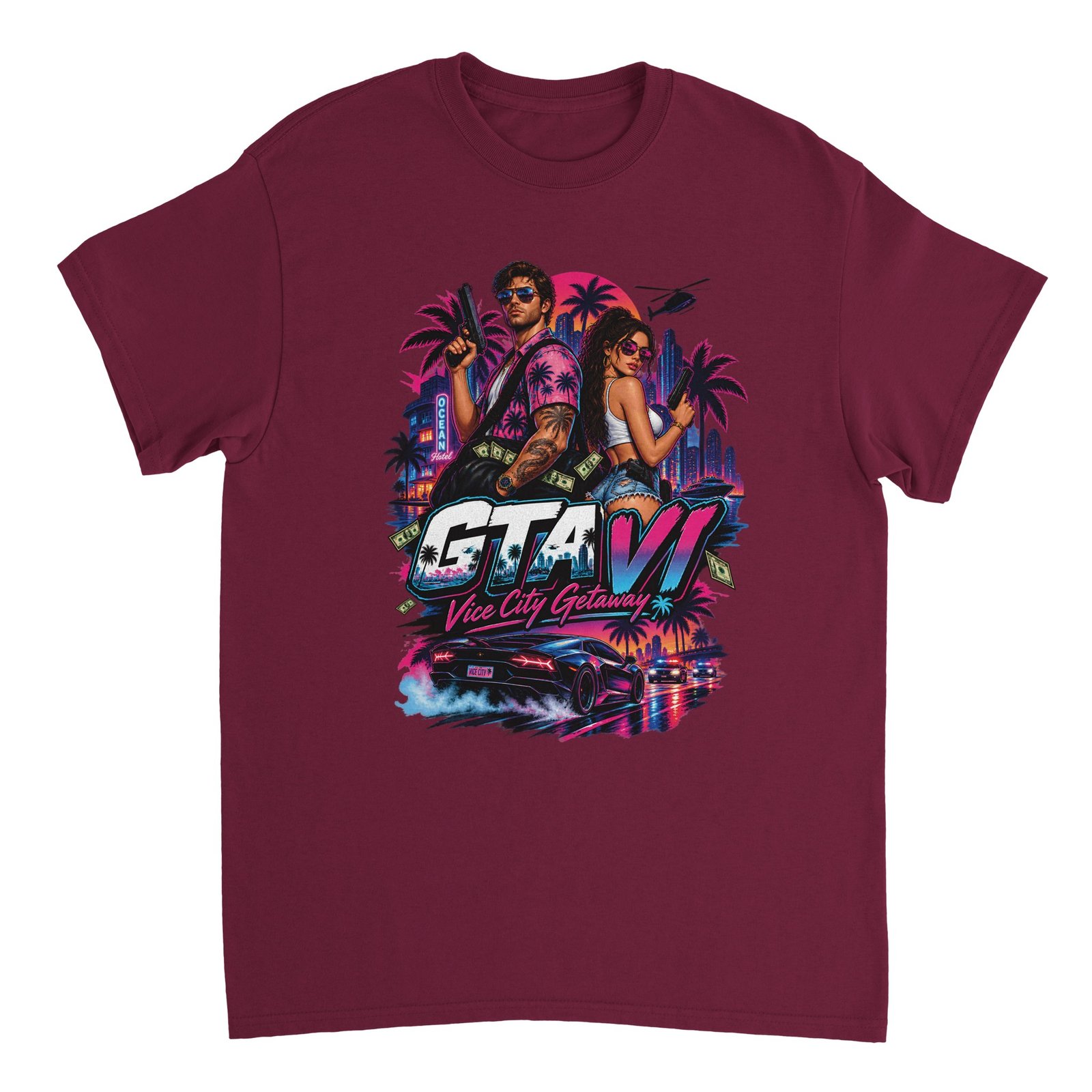 GTA VI T-Shirt – Vice City Getaway Fan Tee 3 gta 6 t-shirt vice city getaway design Maroon
