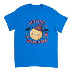 resting witch face t-shirt cute halloween witch design royal blue

