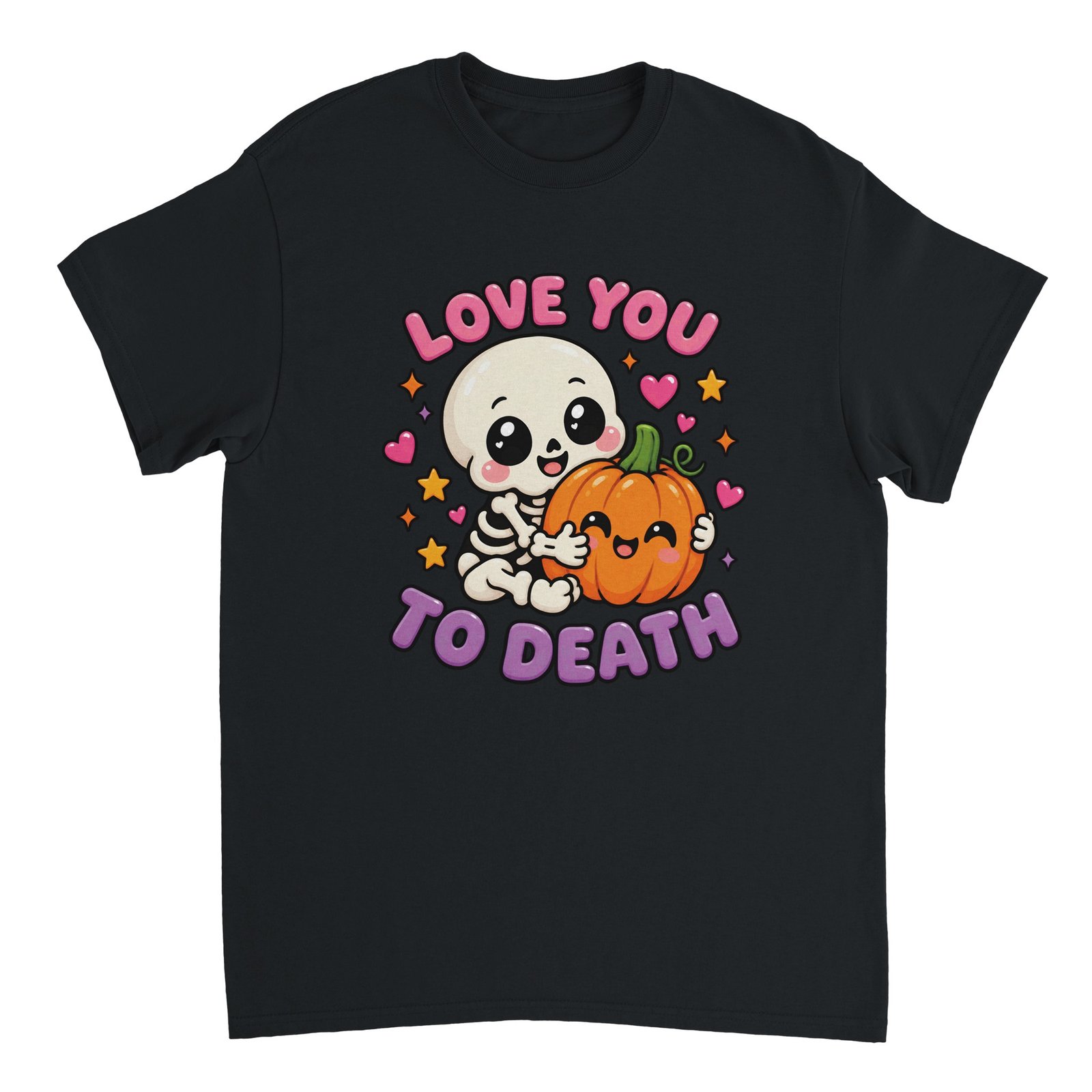 Love You to Death Halloween T-Shirt – Cute Skeleton Pumpkin Spooky Graphic Tee 4 halloween skeleton t-shirt with cute skeleton and pumpkin design