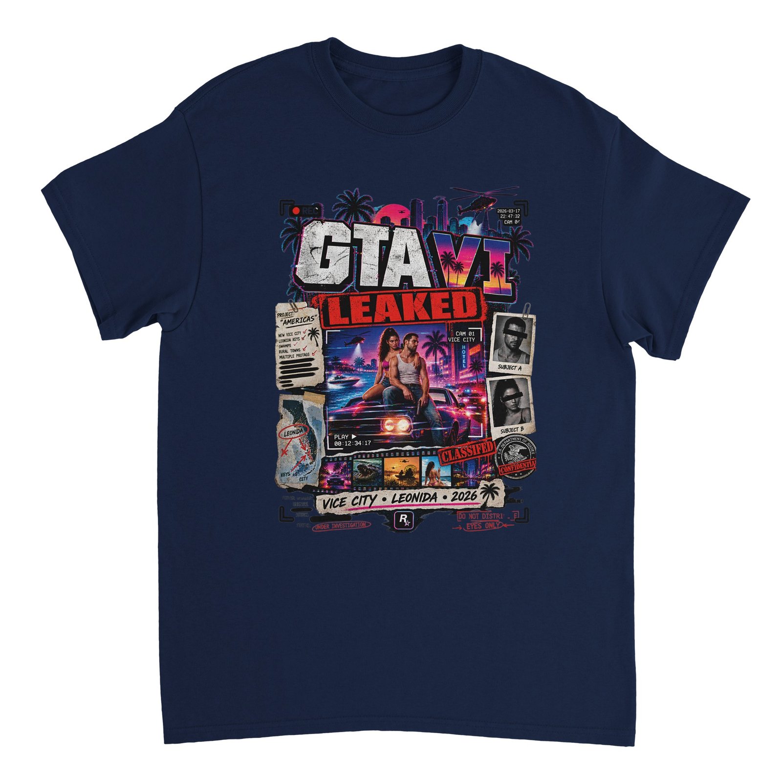 GTA VI Leaked T-Shirt – Vice City Classified Fan Tee 3 gta 6 leaked t-shirt vice city classified design Navy
