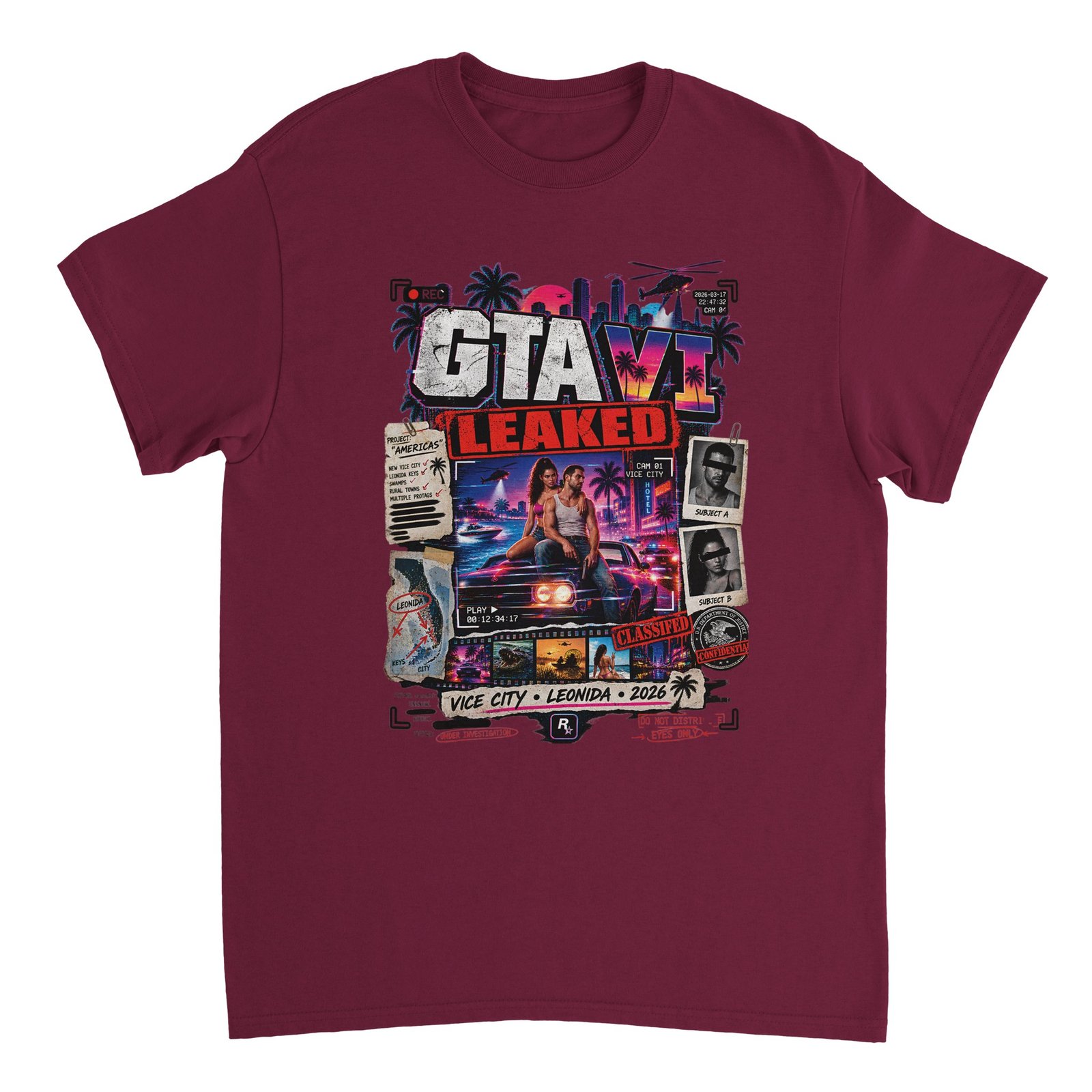 GTA VI Leaked T-Shirt – Vice City Classified Fan Tee 7 gta 6 leaked t-shirt vice city classified design Maroon