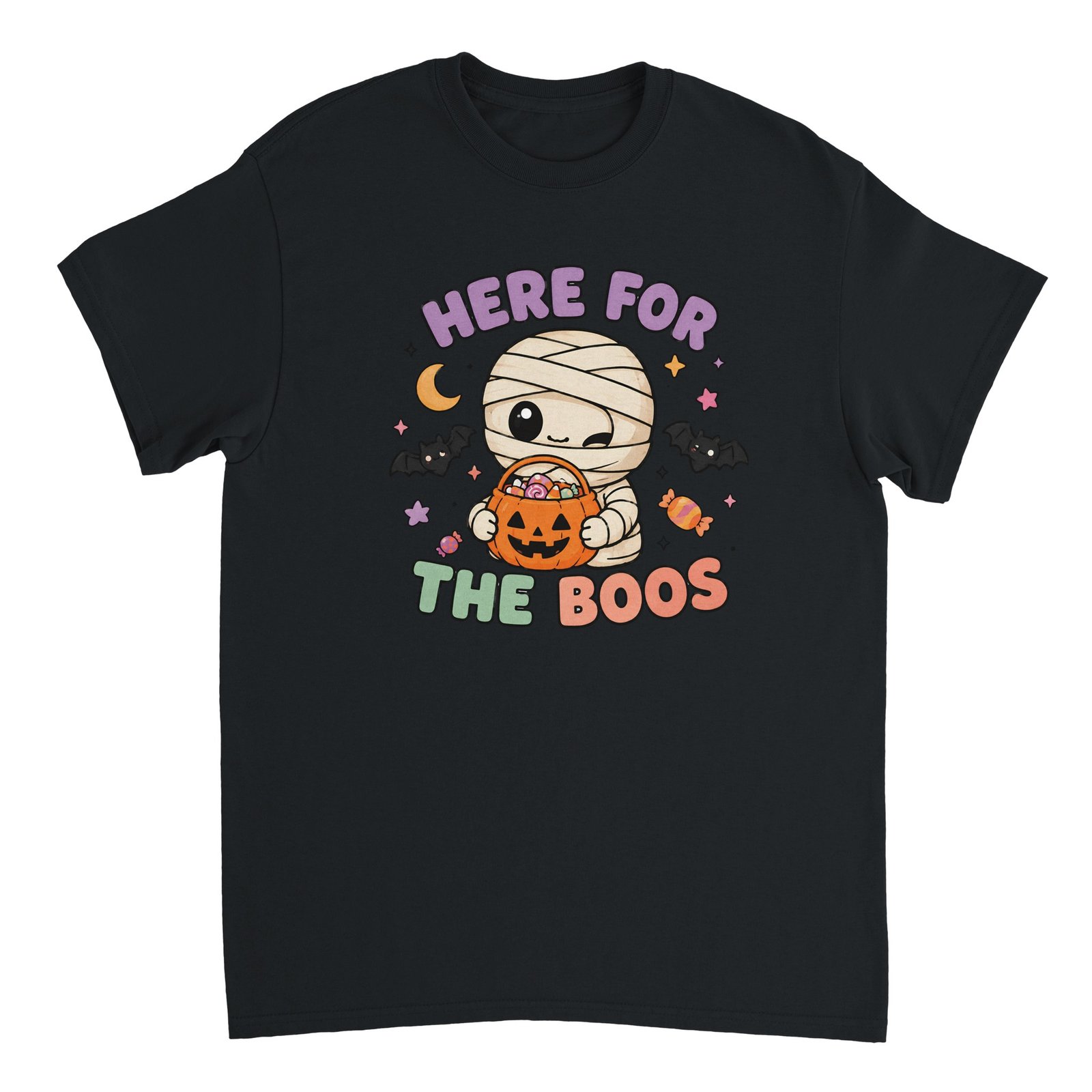 Here For The Boos T-Shirt – Cute Halloween Mummy Graphic Tee 1 halloween mummy t-shirt here for the boos design black