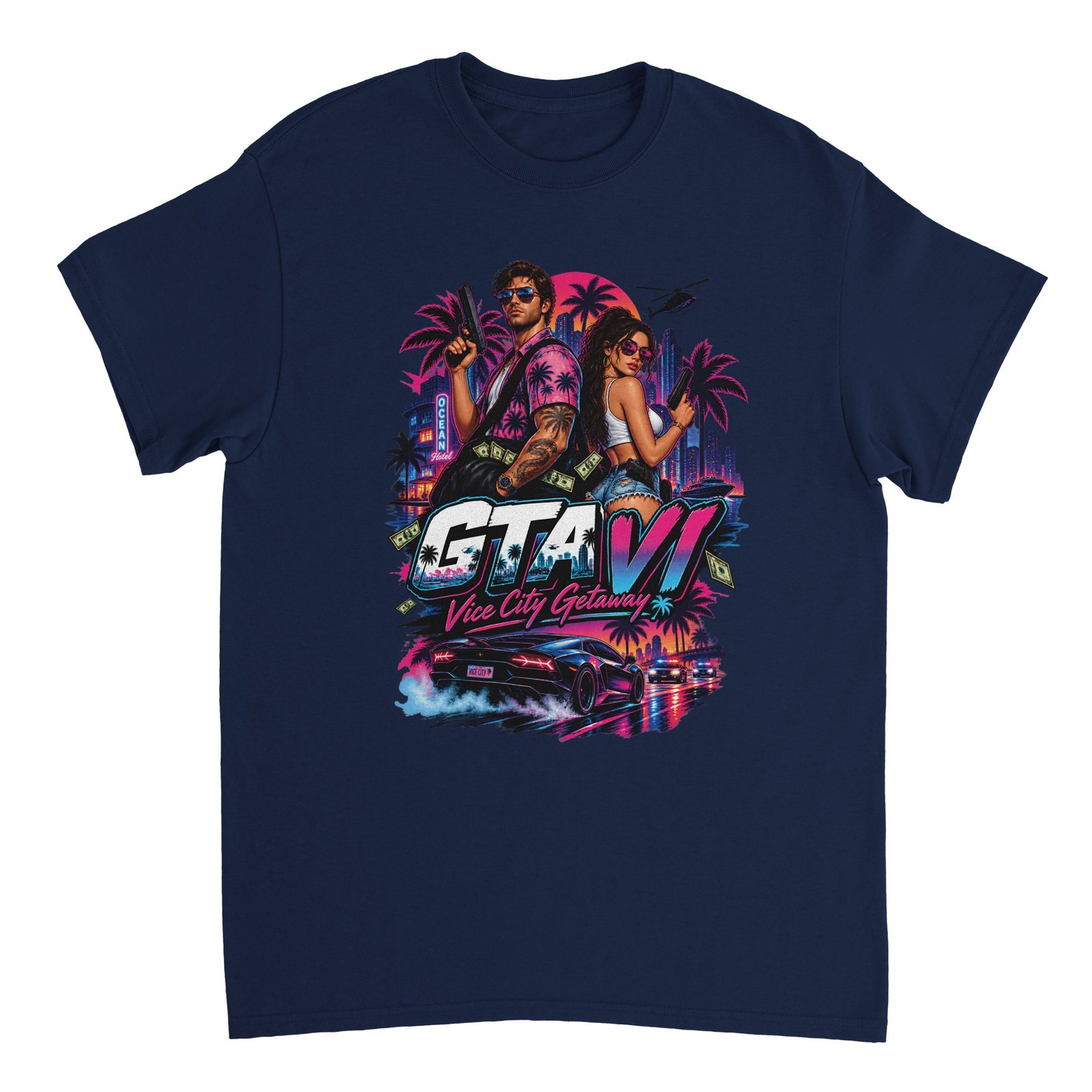 GTA VI T-Shirt – Vice City Getaway Fan Tee 11 gta 6 t-shirt vice city getaway design Navy