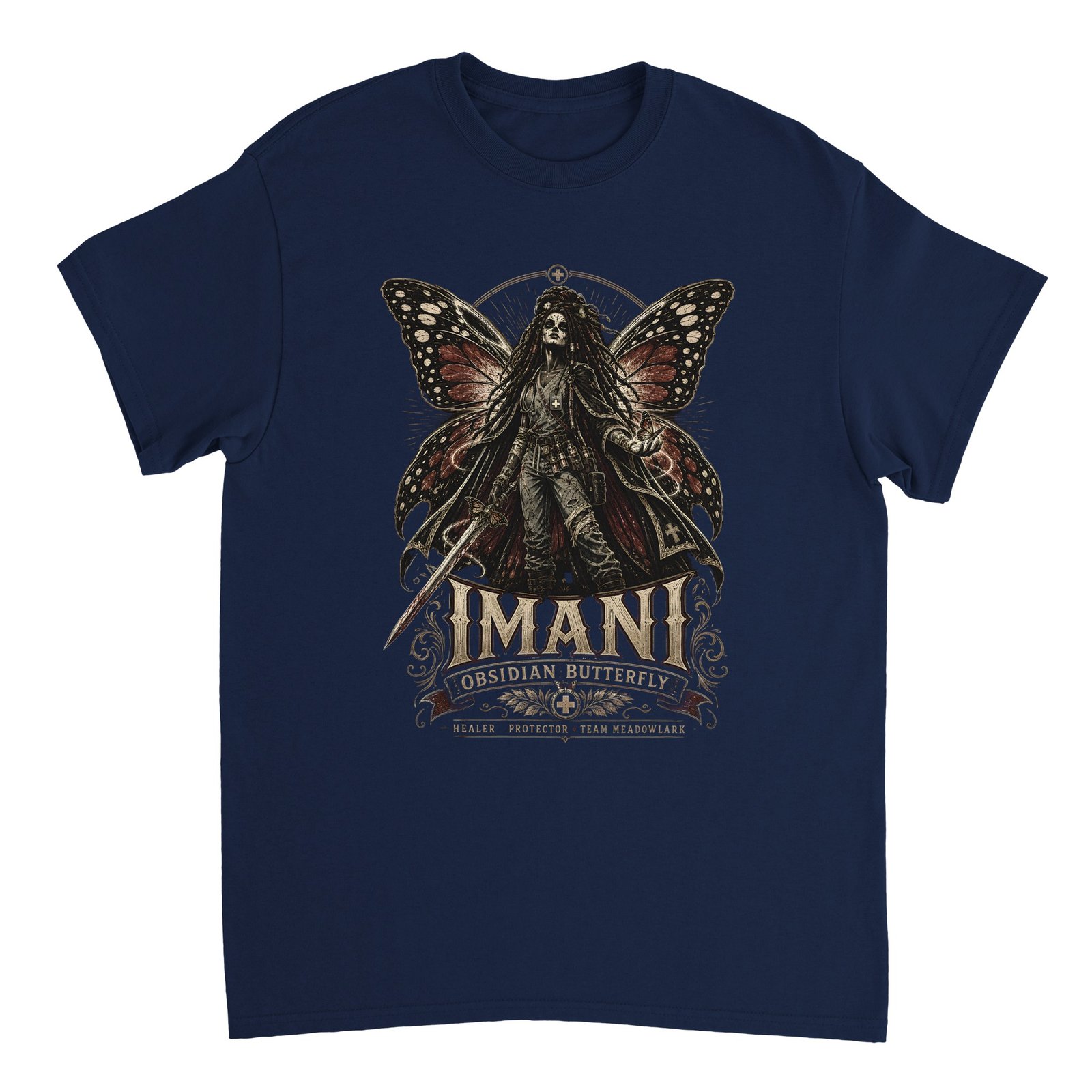 Obsidian Butterfly T-Shirt – Dungeon Crawler Carl Imani Tee 3 dungeon crawler carl imani t-shirt obsidian butterfly design Navy
