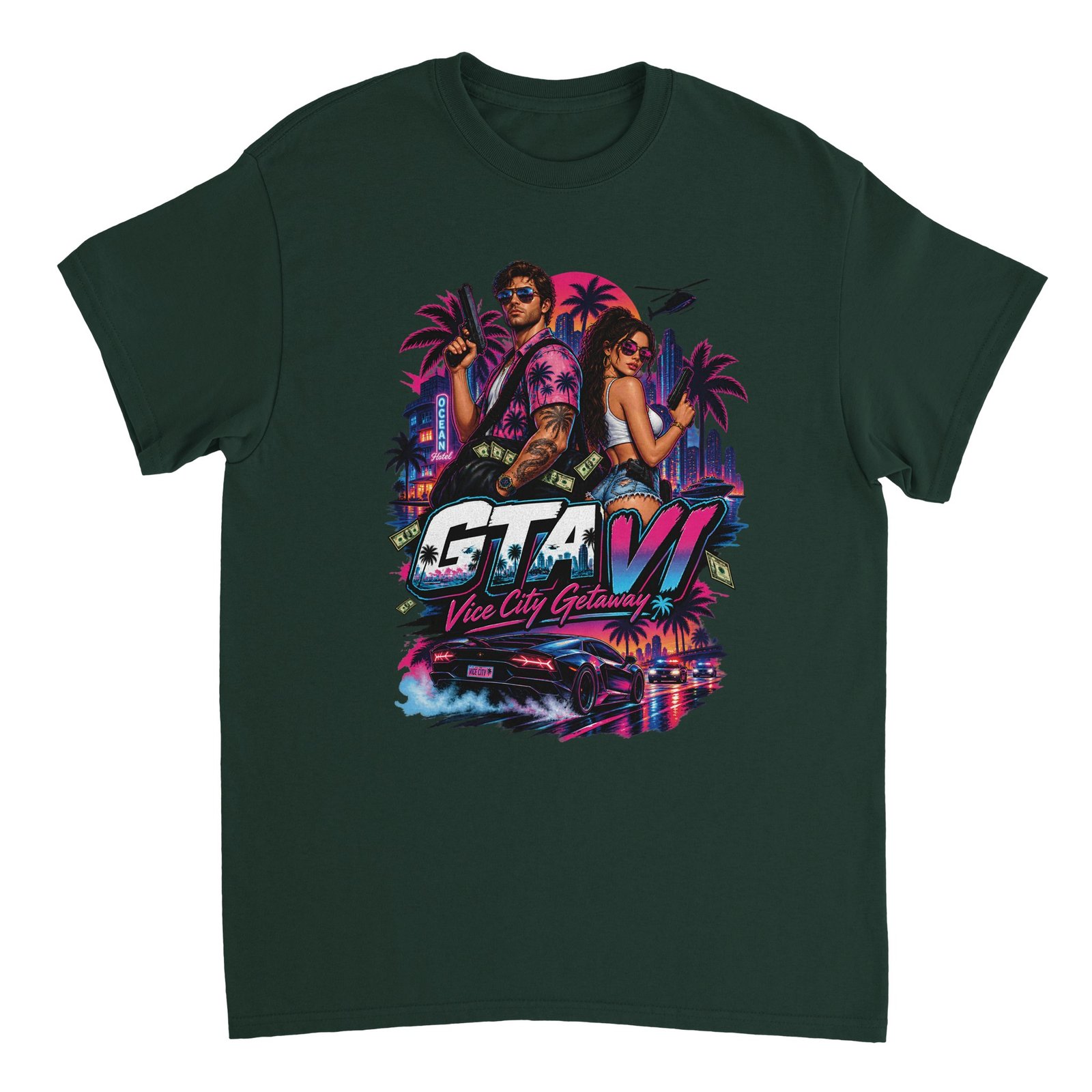 GTA VI T-Shirt – Vice City Getaway Fan Tee 8 gta 6 t-shirt vice city getaway design Forest Green
