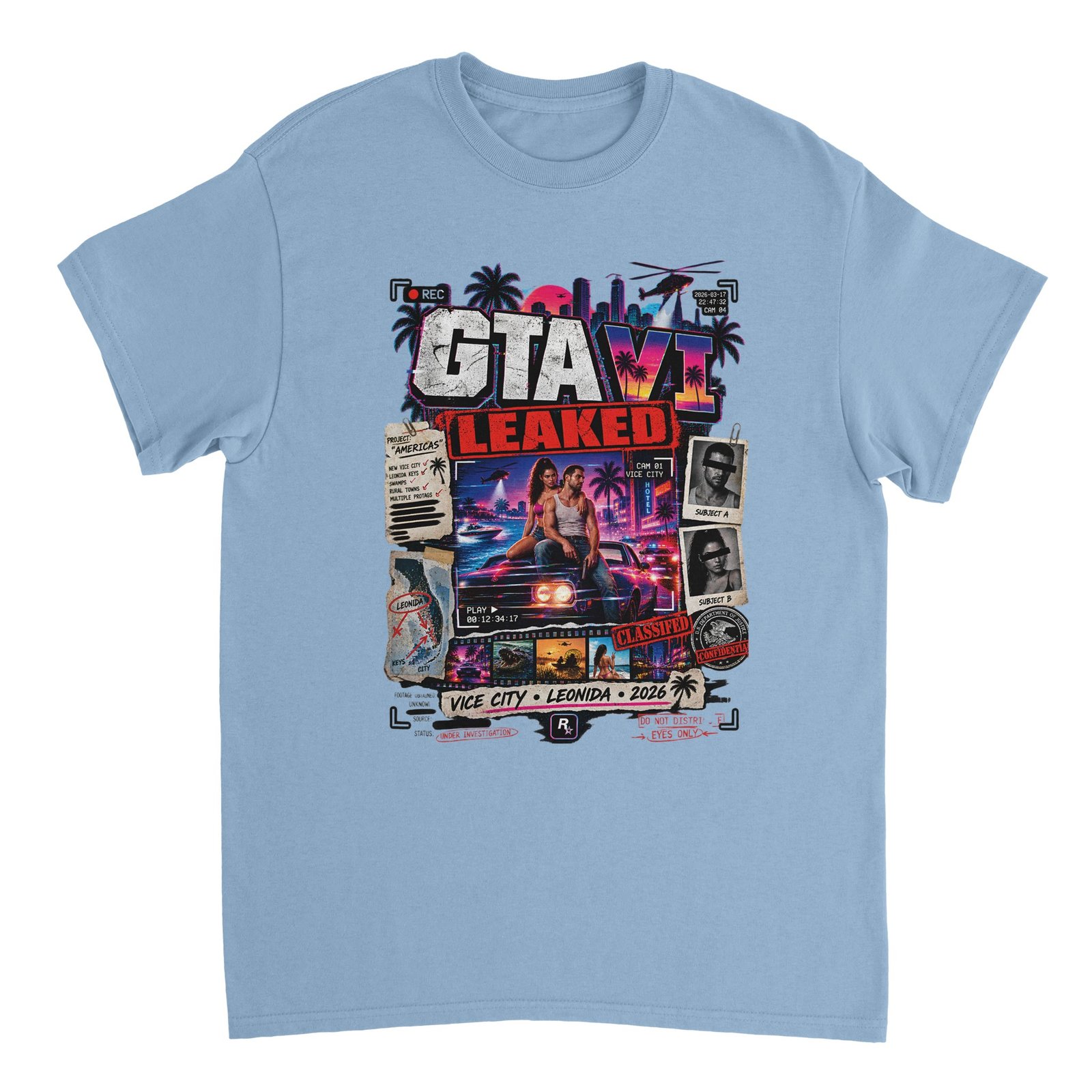 GTA VI Leaked T-Shirt – Vice City Classified Fan Tee 8 gta 6 leaked t-shirt vice city classified design Light Blue