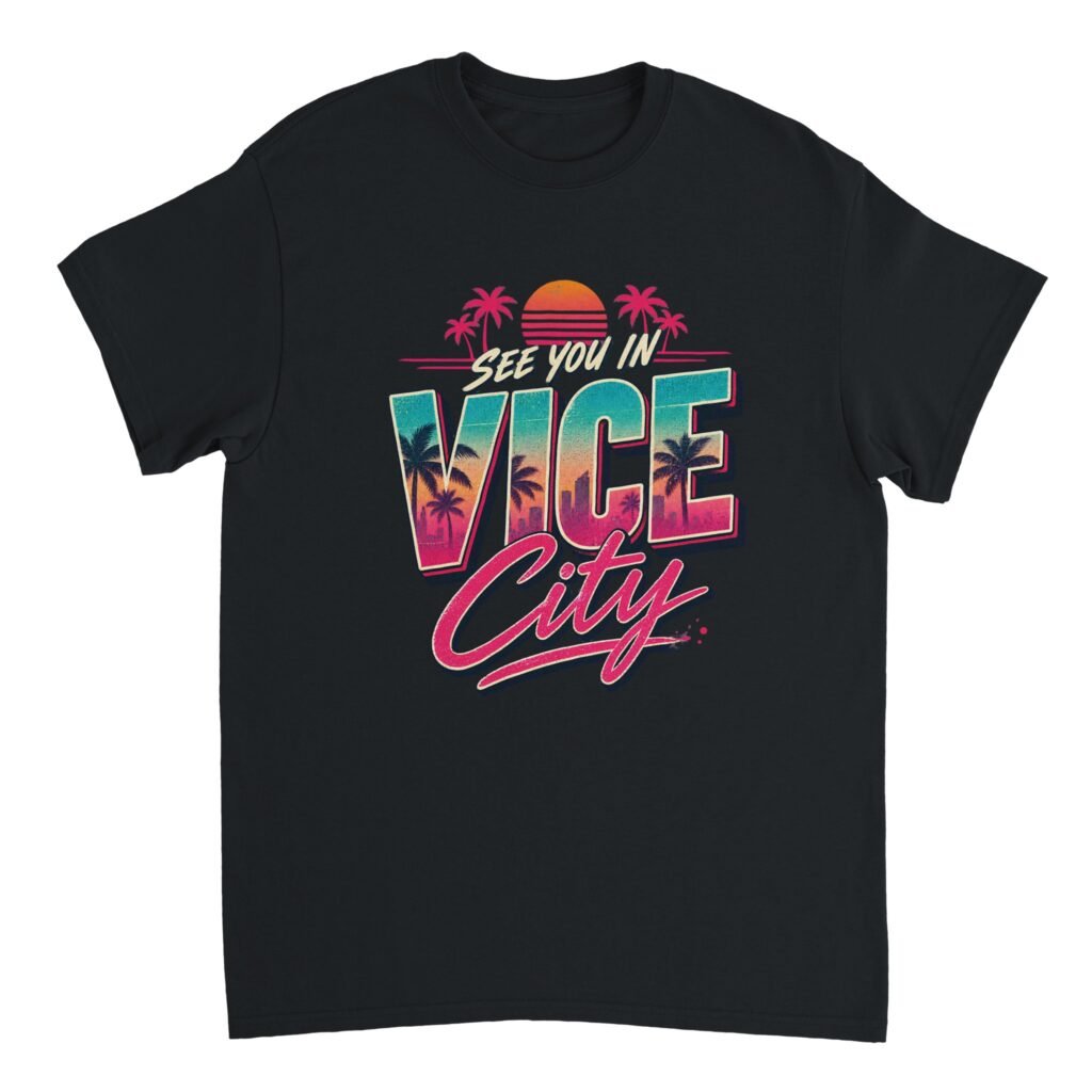 Vice City Sunset Shirt design featuring retro palm trees and a gradient sunset with "See You in Vice City" text