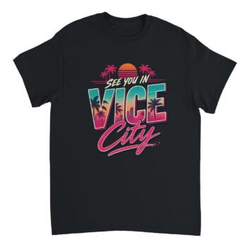 Vice City Sunset Shirt design featuring retro palm trees and a gradient sunset with "See You in Vice City" text