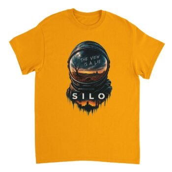 Silo Lie Shirt design featuring a dark astronaut helmet with "the view is a lie" scratched across the visor