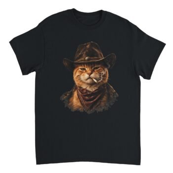 Outlaw Cat Shirt design featuring an orange tabby cat in a leather hat and bandana with a cigarette
