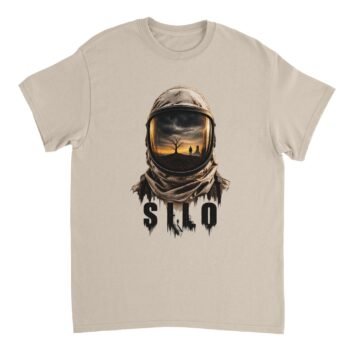 Silo Show Shirt design featuring a weathered astronaut helmet reflecting a desert wasteland
