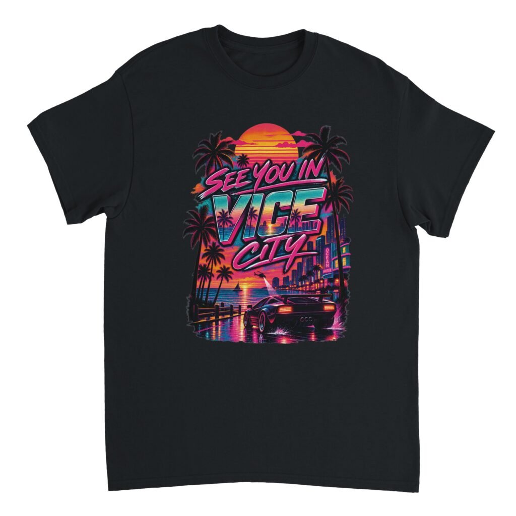 Vice City Drive Shirt design featuring a sports car, neon skyline, and sunset with "See You in Vice City" text