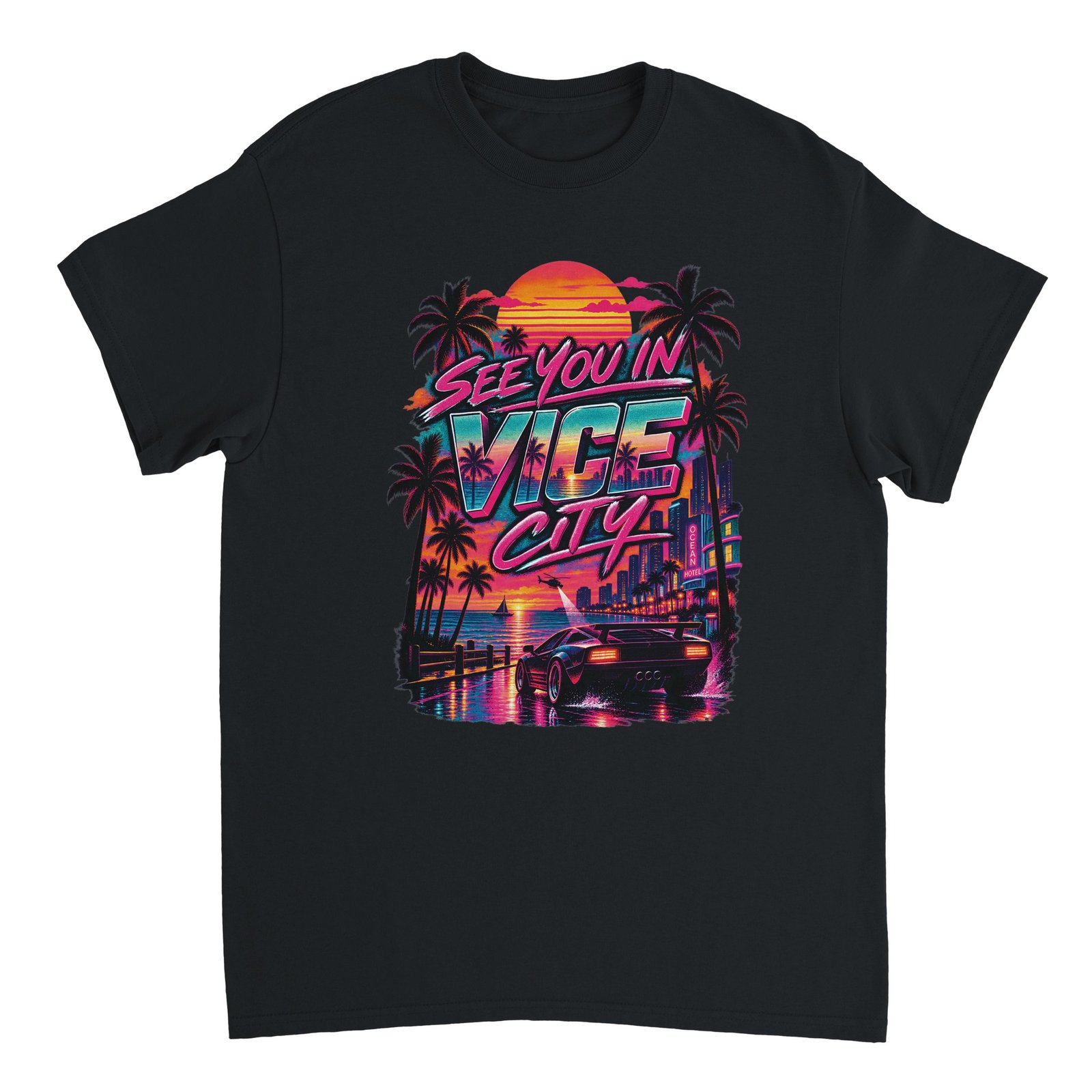 Vice City Drive Shirt – Neon Skyline & Sports Car Tee 1 Vice City Drive Shirt design featuring a sports car, neon skyline, and sunset with "See You in Vice City" text