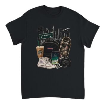 2016 Vibes Shirt design with a Los Angeles skyline, Starbucks coffee, JanSport backpack, Converse sneakers, and Canon camera