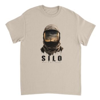 Silo Mystery Shirt design featuring a weathered astronaut helmet with "what's out there?" text below the SILO wordmark