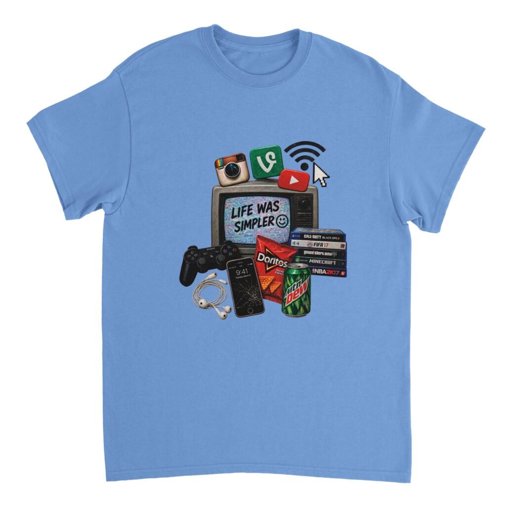 Life Was Simpler Shirt design with a retro TV, Vine and Instagram icons, PlayStation controller, Doritos, and classic video games