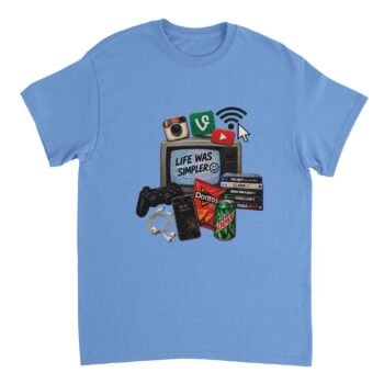 Life Was Simpler Shirt design with a retro TV, Vine and Instagram icons, PlayStation controller, Doritos, and classic video games