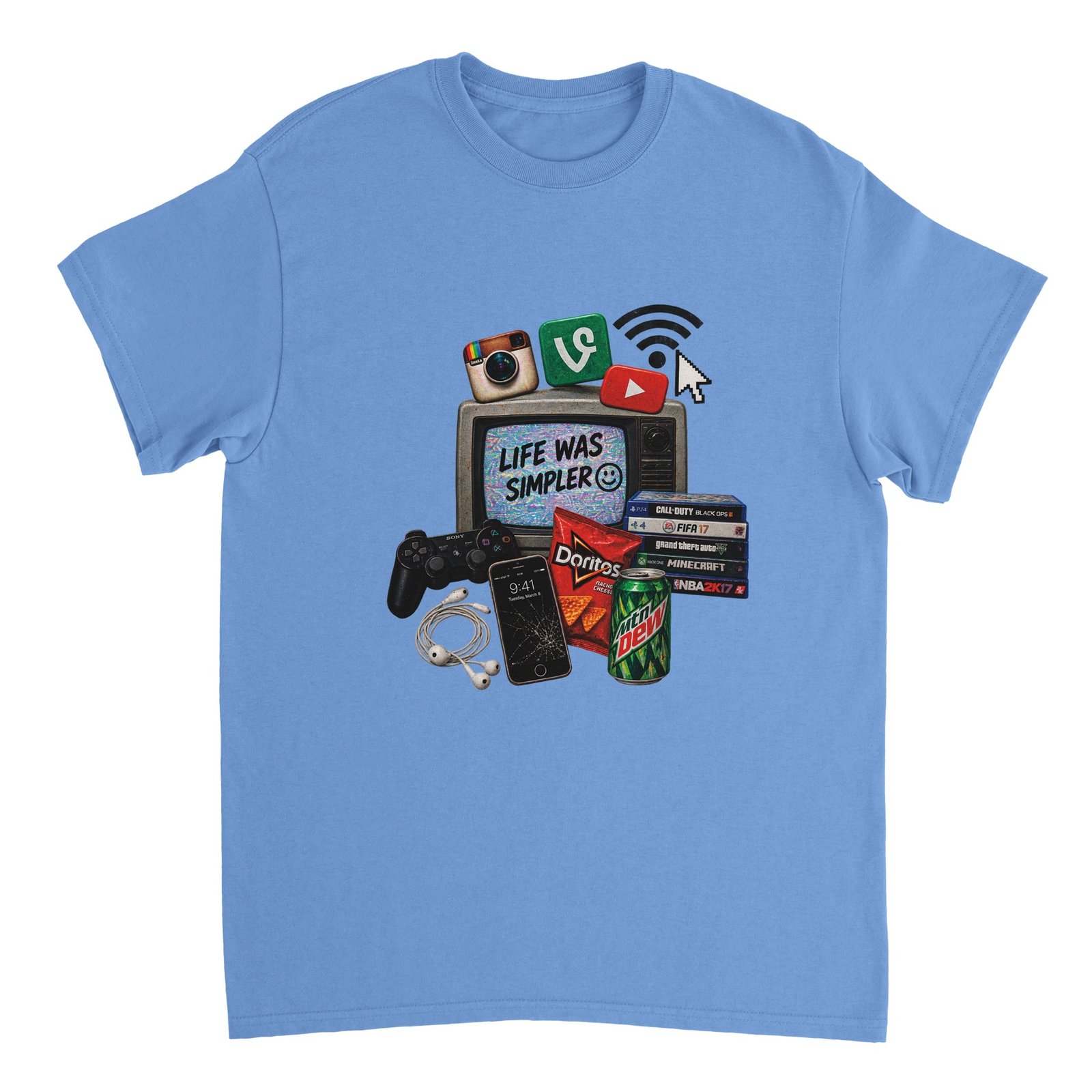 Life Was Simpler Shirt – 2016 Nostalgia Collage Tee 1 Life Was Simpler Shirt design with a retro TV, Vine and Instagram icons, PlayStation controller, Doritos, and classic video games