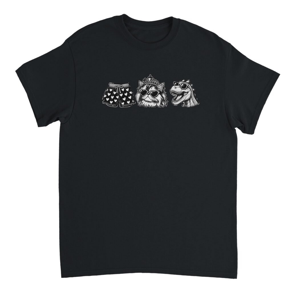 Dungeon Crawler Carl Shirt design featuring Carl's heart-print boxers, Princess Donut in a tiara and sunglasses, and Mongo the velociraptor