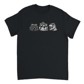 Dungeon Crawler Carl Shirt design featuring Carl's heart-print boxers, Princess Donut in a tiara and sunglasses, and Mongo the velociraptor