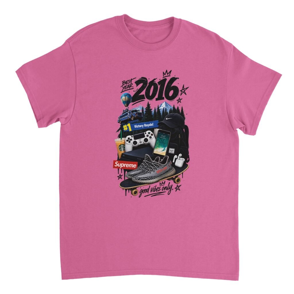 Good Vibes 2016 Shirt design with a Fortnite Victory Royale banner, Nike cap, Supreme logo, Starbucks cup, and Yeezy sneakers