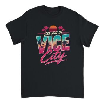 Vice City Shirt design featuring retro palm trees and a gradient sunset skyline with "See You in Vice City" text