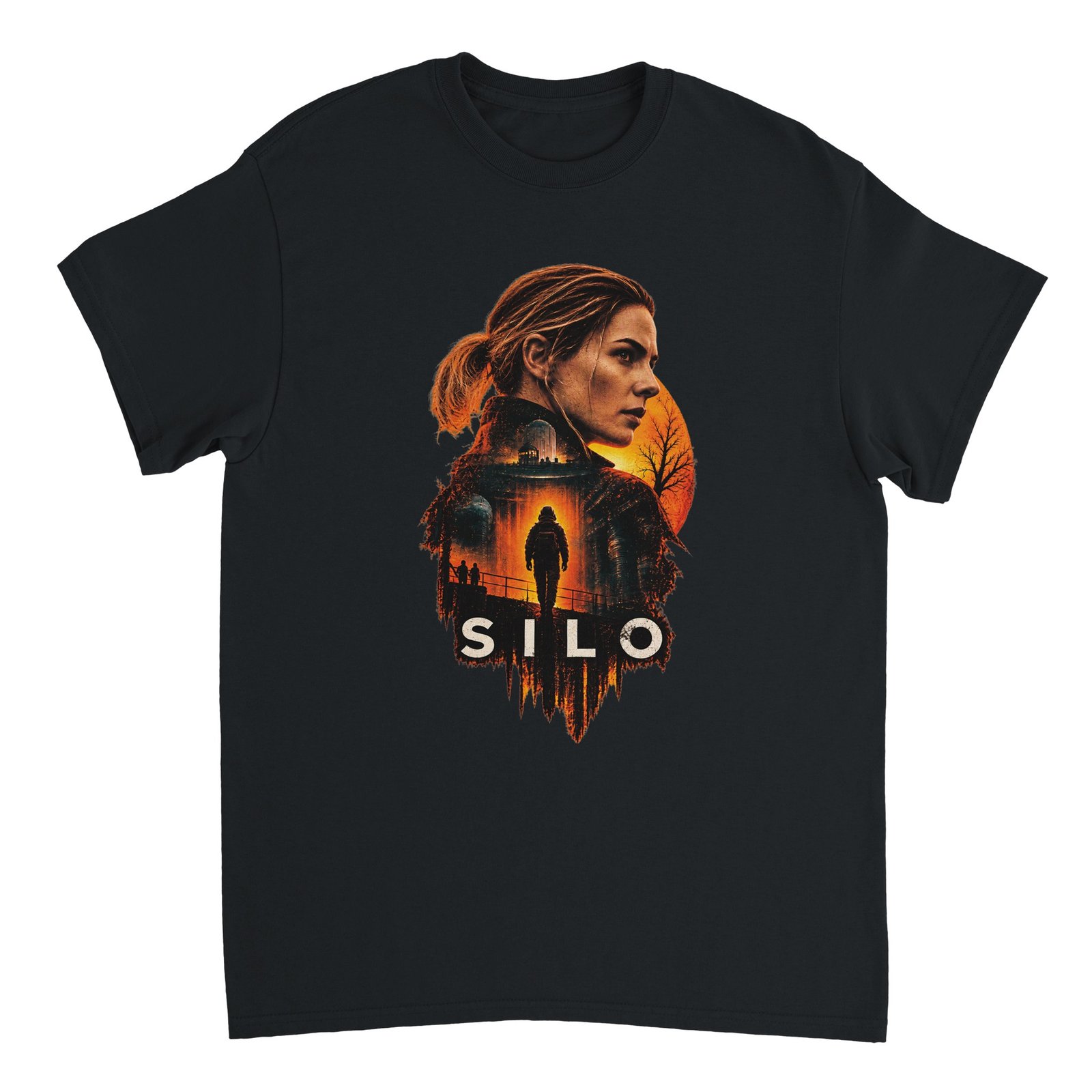 Silo Poster Unisex Tee – Dystopian Sci-Fi Show Art Shirt 1 Silo Poster Shirt design featuring a character portrait over an underground bridge scene