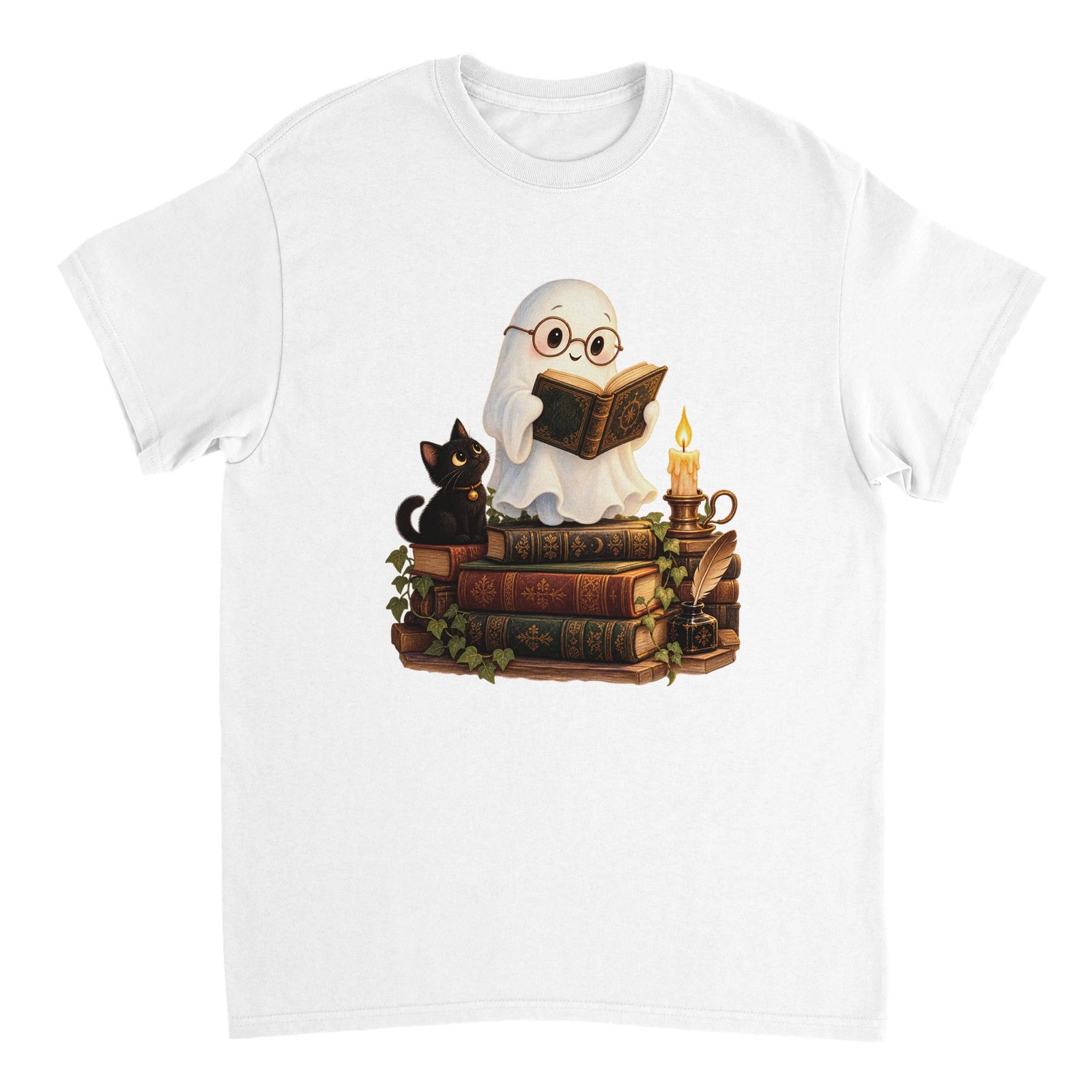 Reading Ghost Book Lover Shirt – Cute Halloween Ghost & Black Cat Graphic T-Shirt 14 09c80d79-022a-4e2f-a2aa-721ac85b53b9