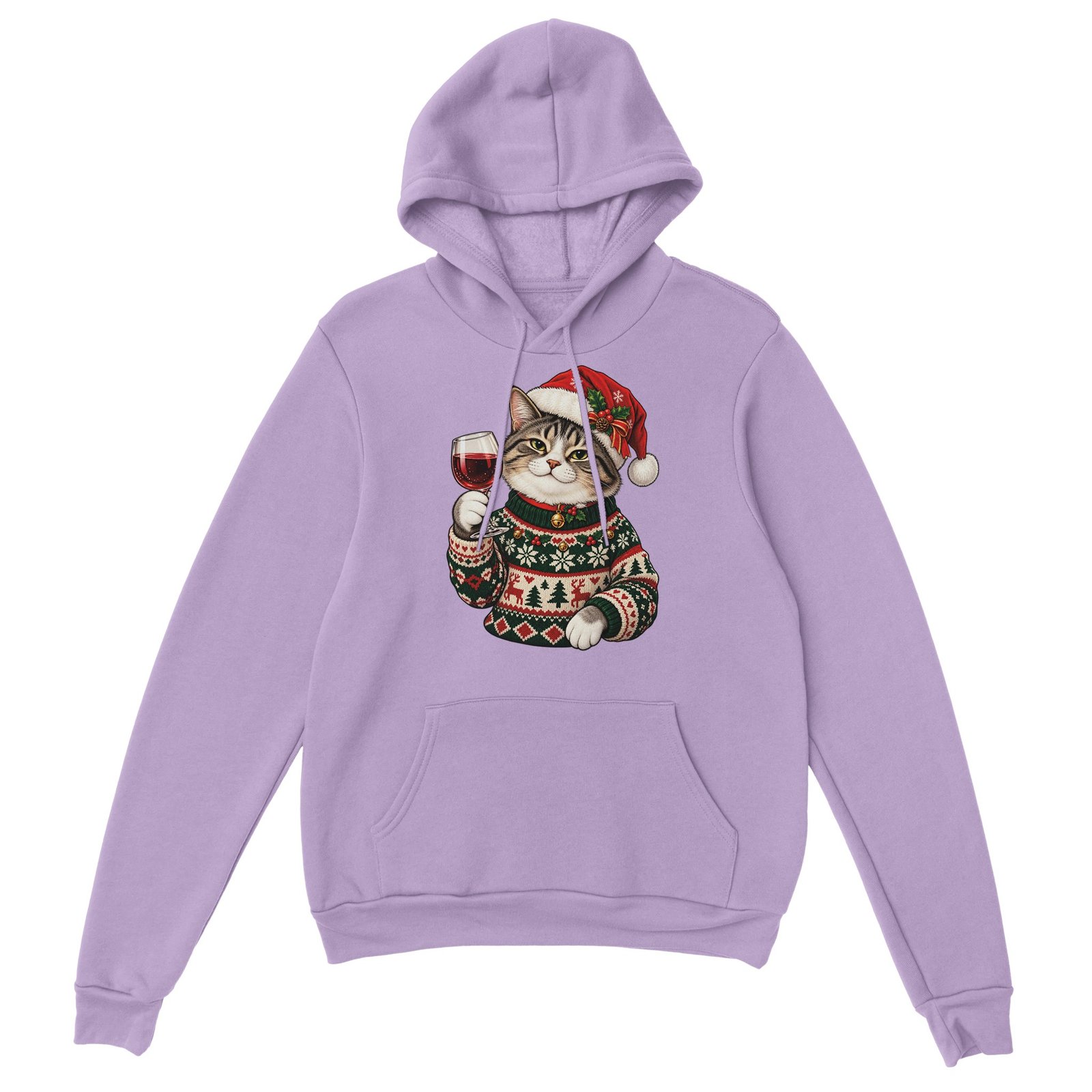Christmas Cat Hoodie - Tabby in Santa Hat with Red Wine Unisex Pullover Hoodie 1 Black Christmas Cat Hoodie with a tabby cat in a Santa hat and knit holiday sweater raising a glass of red wine