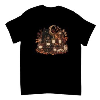 Black Cat Apothecary Shirt on a black T-shirt featuring a golden-eyed cat, crescent moon, ornate bottles, crystals, books, a small skull, and autumn foliage.