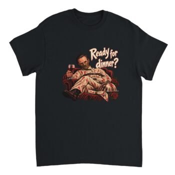 Hannibal Lecter shirt design of a masked man in a straitjacket-style outfit holding red wine in an armchair beside a serving dome and roses, with the text Ready for dinner?