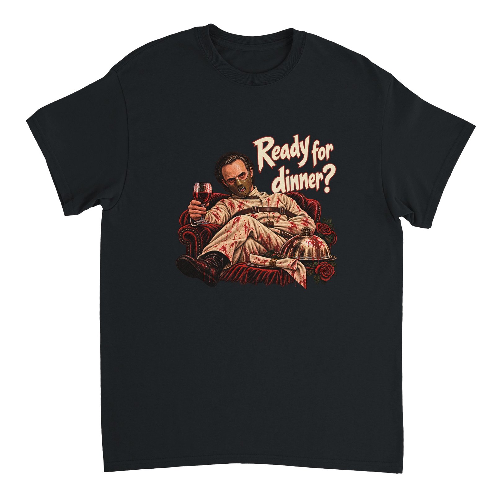 Hannibal Lecter Shirt | Funny Ready for Dinner Halloween Heavyweight Tee 1 Hannibal Lecter shirt design of a masked man in a straitjacket-style outfit holding red wine in an armchair beside a serving dome and roses, with the text Ready for dinner?