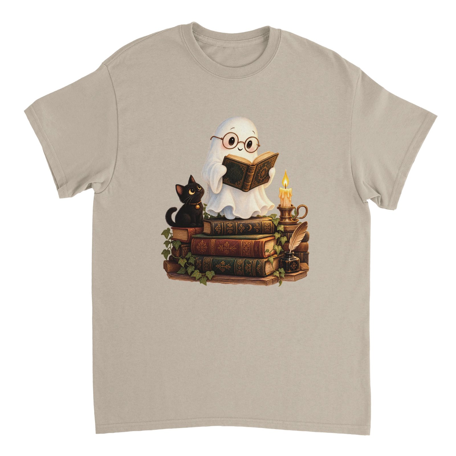 Reading Ghost Book Lover Shirt – Cute Halloween Ghost & Black Cat Graphic T-Shirt 11 2febd7d0-efc5-437f-aee7-066bde084053
