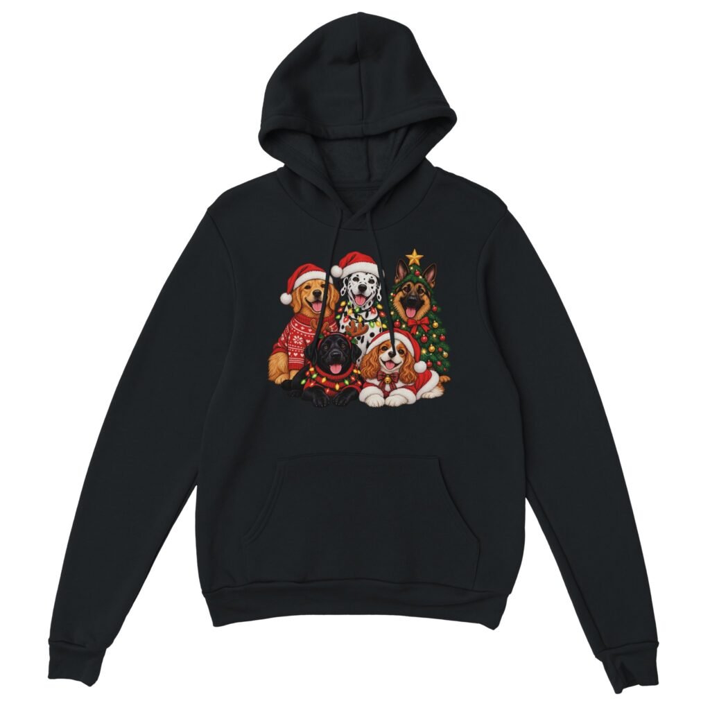 Black Christmas dogs hoodie with a print of five dogs in Santa hats, sweaters, reindeer antlers, string lights and a decorated Christmas tree