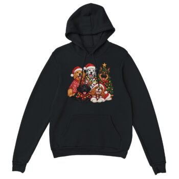 Black Christmas dogs hoodie with a print of five dogs in Santa hats, sweaters, reindeer antlers, string lights and a decorated Christmas tree